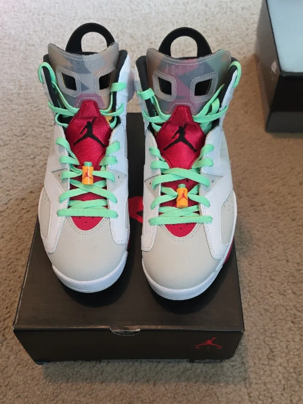 Air Jordan 6 Hare, White Retro Basketball Sneakers with Neon Accents